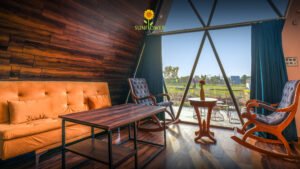 Cozy A-frame cottage interior with scenic garden view