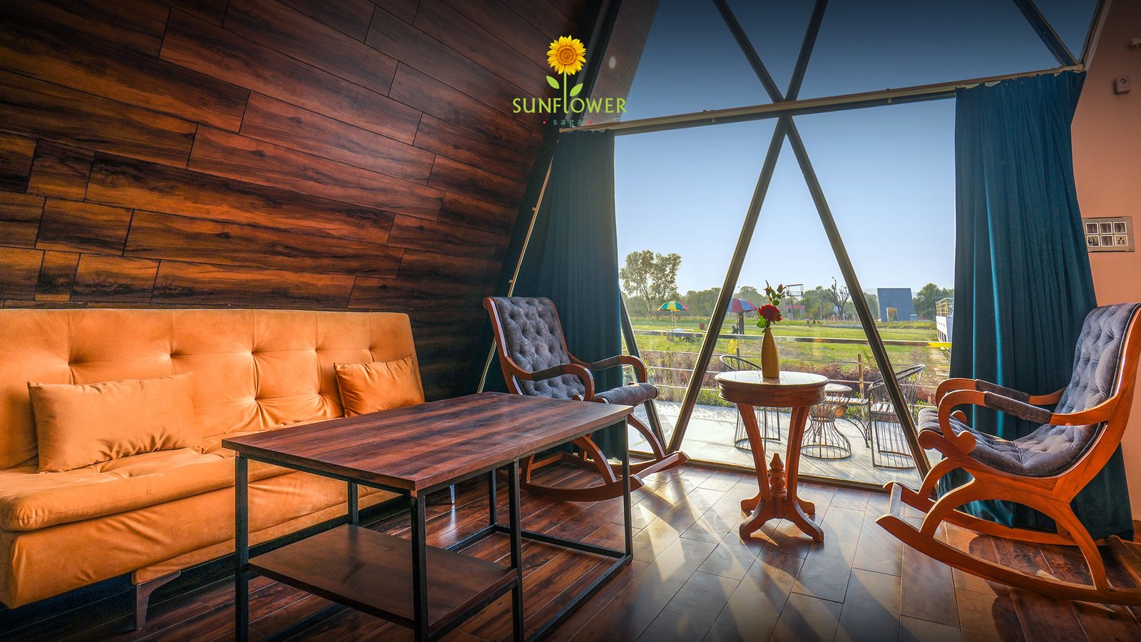 Cozy A-frame cottage interior with scenic garden view
