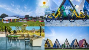 Lush green lawn at Sunflower Saga Jaipur featuring A-frame cottages, a decorative bicycle, and an outdoor seating area near the Delhi Jaipur Highway.