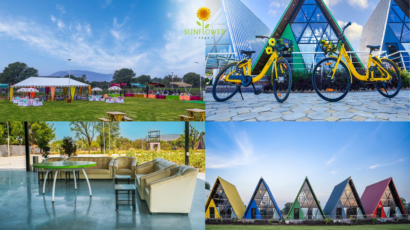 Lush green lawn at Sunflower Saga Jaipur featuring A-frame cottages, a decorative bicycle, and an outdoor seating area near the Delhi Jaipur Highway.